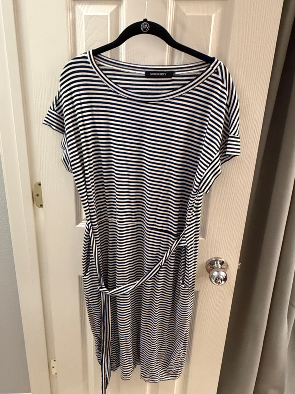 Black and White Striped Midi Tie-Waist Dress